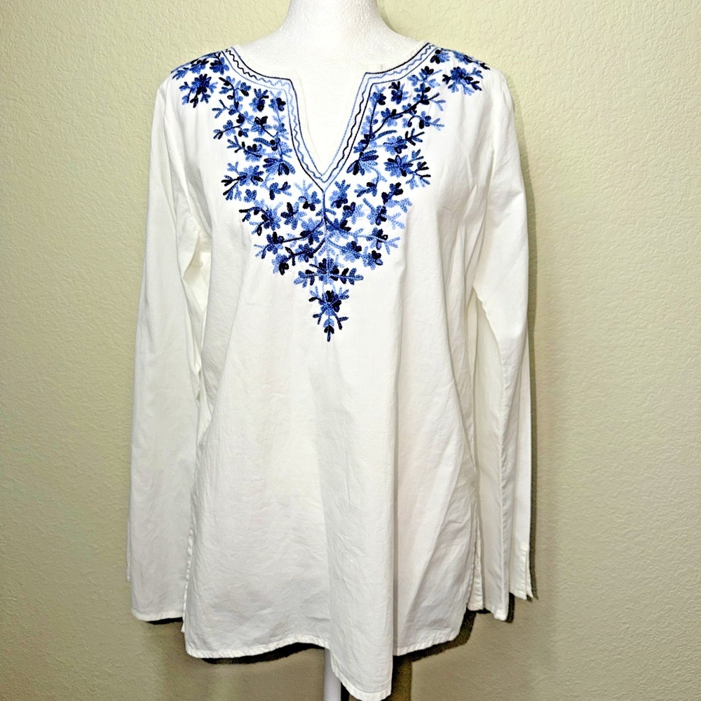 White Stag Peasant Top Small S Cotton Floral Embroidered Boho Tunic Split Neck